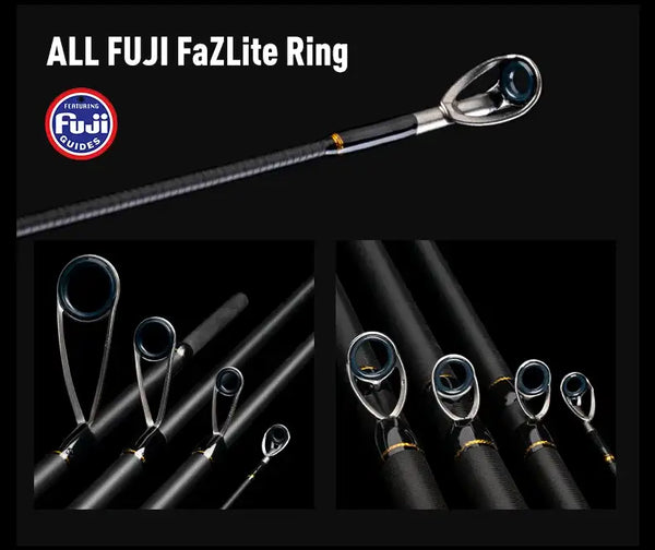 Fishing rod with Fuji FazLite ring guides and blue guide inserts.