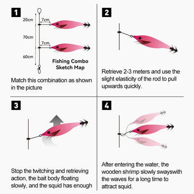 Pink artificial squid jig lure shown on a fishing line for jigging retrieval