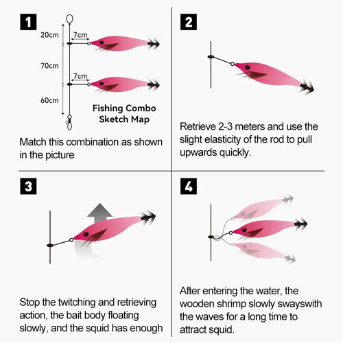 Pink artificial squid jig lure shown on a fishing line for jigging retrieval