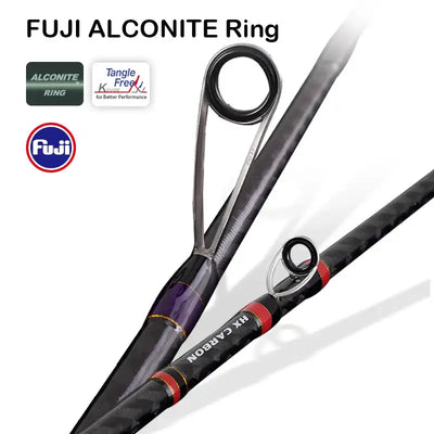 Fishing rod guide ring featuring Fuji Alconite ring on dark carbon blank
