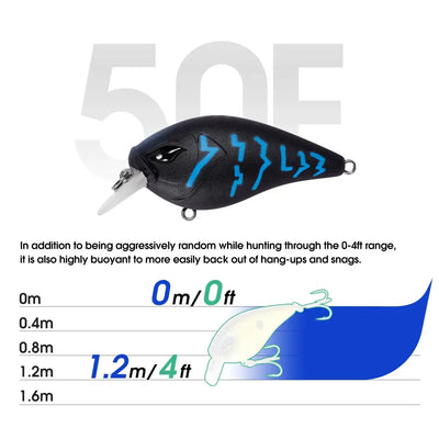 Dark blue squarebill crankbait with blue markings, white lip, and treble hooks