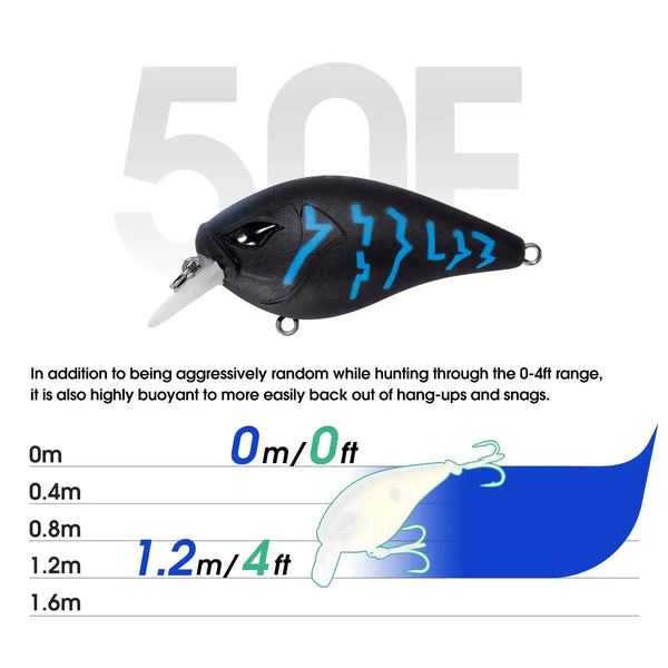 Dark blue squarebill crankbait with blue markings, white lip, and treble hooks