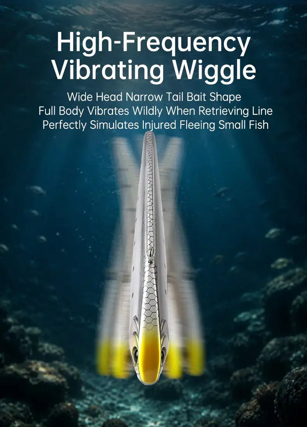 Front view vibrating lipless crankbait, silver-white body with yellow tail, treble hooks