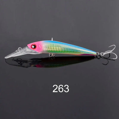 Trolling minnow fishing lure, pink head with green body, red eye, clear lip, 2 treble hooks