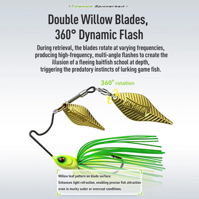 Spinnerbait lure with gold double willow blades and green-and-black skirt for fishing.