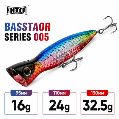 KINGDOM BASSTAOR Series 005 topwater popper fishing lure, blue red green, 3 treble hooks