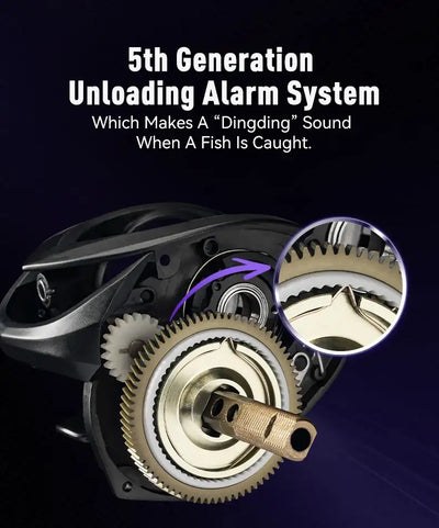 Black baitcasting reel mechanism view with purple gear detail