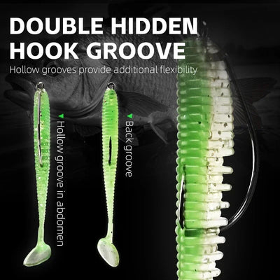 Green soft fishing shad lure set, segmented bodies with hollow tail grooves