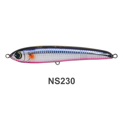 Floating stickbait fishing lure, white with blue back, pink belly, black eye, side metal hooks