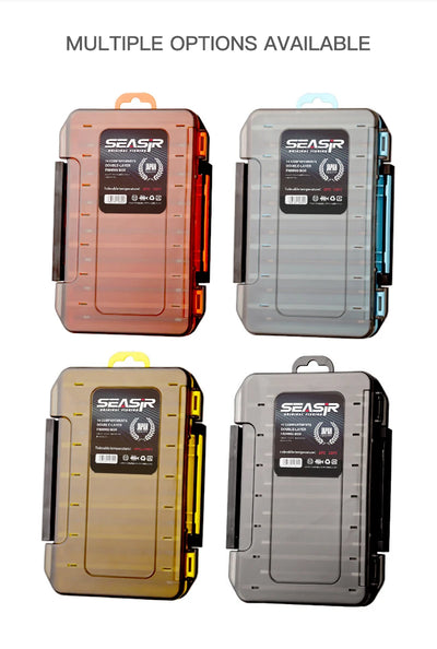 Multiple double-sided tackle box color options: brown, light gray, yellow, and dark gray