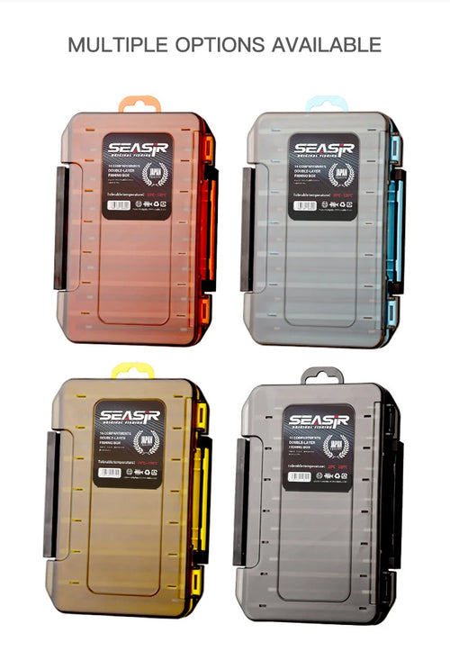 Multiple double-sided tackle box color options: brown, light gray, yellow, and dark gray