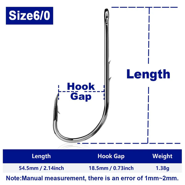 Size6/0 black double-barbed long-shank fishing hook, shown with length and gap
