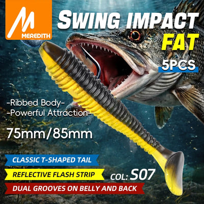 Yellow and black ribbed soft plastic paddle-tail lure, 75/85mm, 5-pack