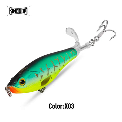 Floating hard fishing lure, green-yellow body with treble hooks and top water propeller