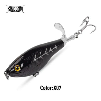 Floating hard fishing lure, black body with yellow eye and treble hooks