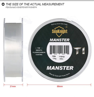 Fishing line spool close-up with label and size measurement diagram