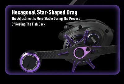 Black baitcasting reel showing hexagonal star-shaped drag adjustment with purple accents