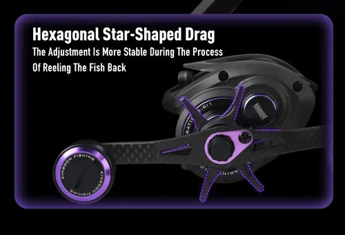 Black baitcasting reel showing hexagonal star-shaped drag adjustment with purple accents