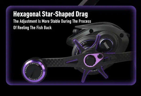 Black baitcasting reel showing hexagonal star-shaped drag adjustment with purple accents