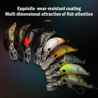 Set of colorful micro floating minnow crankbaits with clear lips and treble hooks