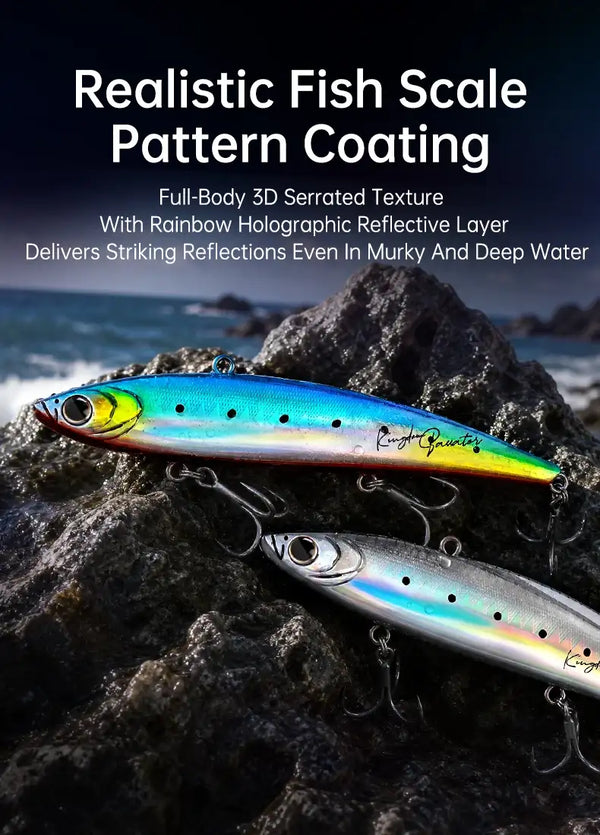 3-piece lipless fishing lure set; turquoise-blue and gold bodies with black speckles and hooks