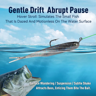 Micro lead head jig hook attached to a swimbait, angled side view