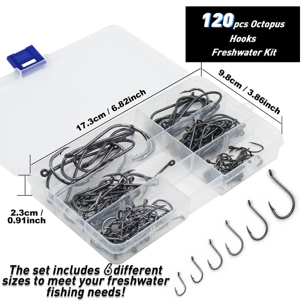 120-piece octopus hook set with clear compartment box and multiple offset hooks