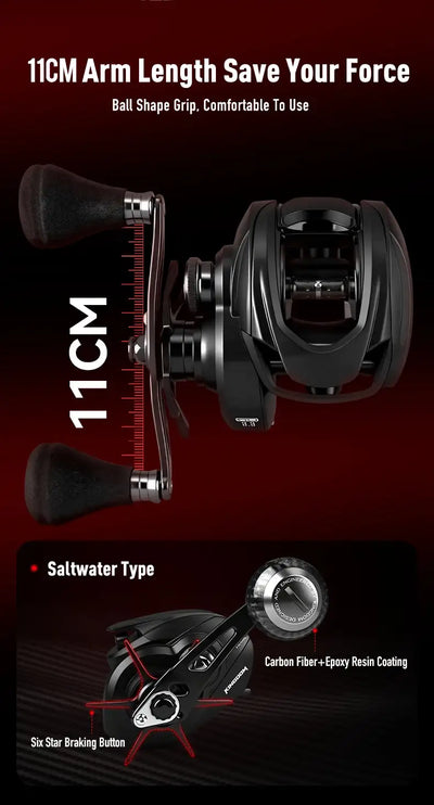 Baitcasting reel with 11cm arm length and dual ball-shaped grip handles