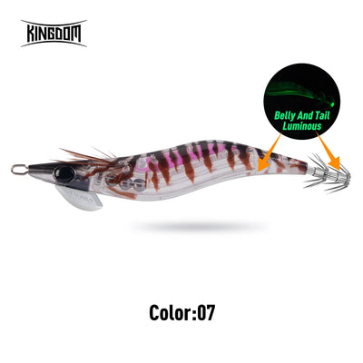 Squid jig lure color 07 with pink-purple striped body, glowing belly and tail, clear tentacles