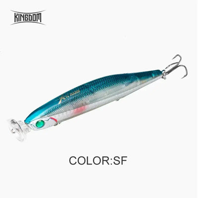 Floating pencil popper fishing lure, teal-blue body with green eye and treble hooks