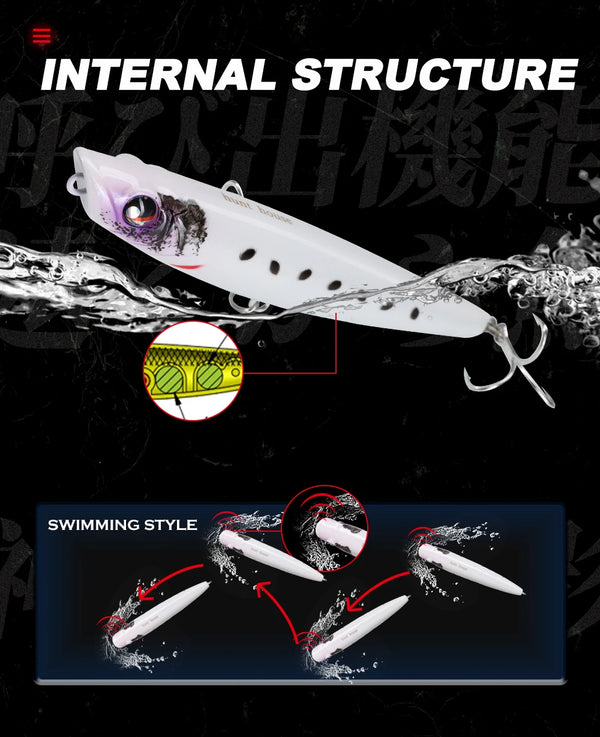 Floating popper lure in white and purple, shown at angle with splash graphics