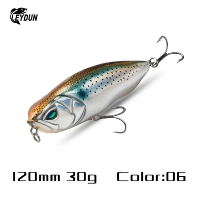 Leydun Z-Claw 120mm silver blue fish-shaped hard bait lure with detailed scales green eye and three treble BKK hooks