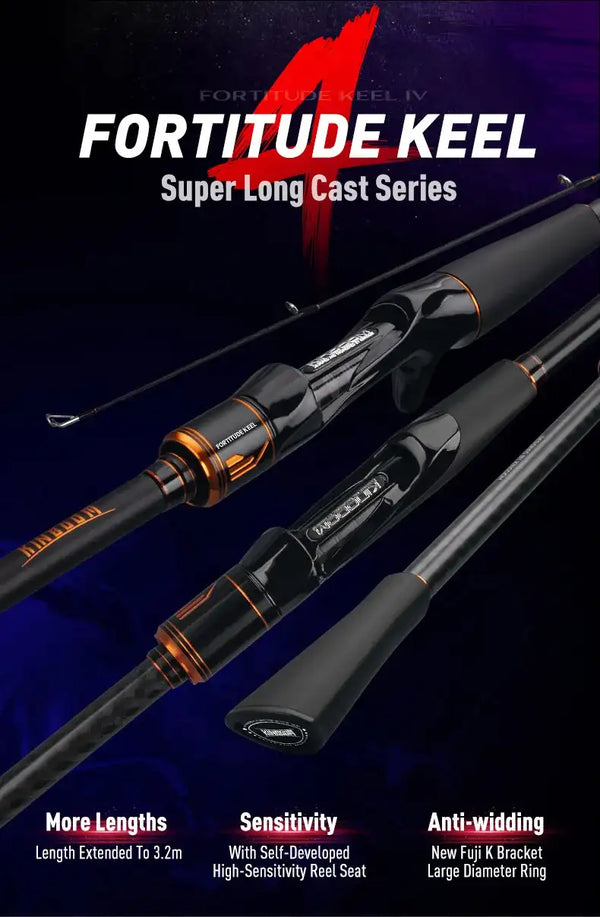 Super long cast fishing rod with black blank, orange accent bands, and line guides.