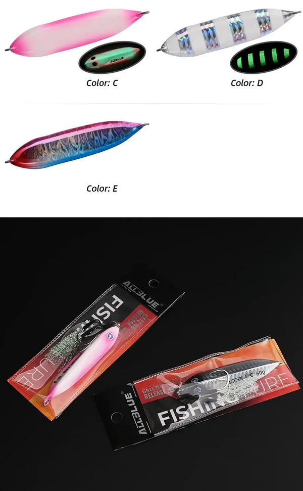 Metal jigging spoon color options diagram with C, D, and E labels and package images.