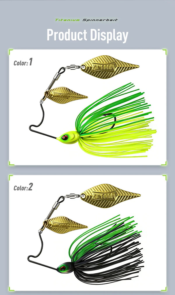 Spinnerbait fishing lure with gold double willow blades and green-black skirt (set view)