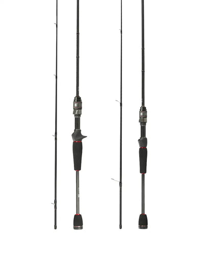 Two-piece spinning fishing rod with black handle grips and metal reel seat
