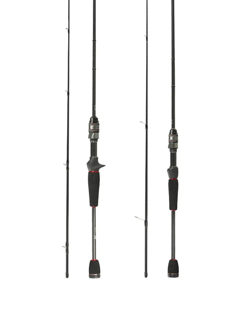 Two-piece spinning fishing rod with black handle grips and metal reel seat
