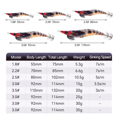Squid jig lure shown in multiple sizes, red and brown body with metal skirt hooks