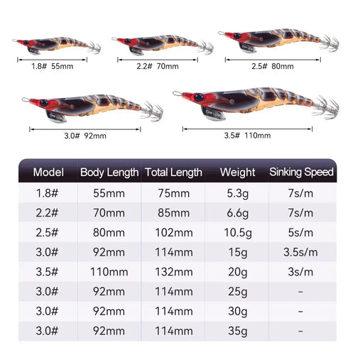 Squid jig lure shown in multiple sizes, red and brown body with metal skirt hooks