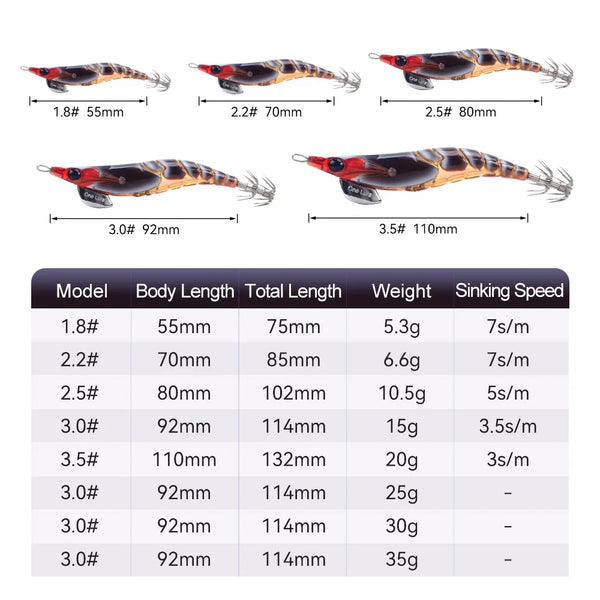 Squid jig lure shown in multiple sizes, red and brown body with metal skirt hooks