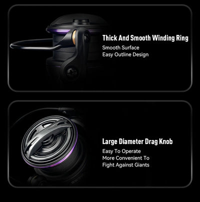 Black spinning reel showing thick winding ring and large purple-edged drag knob