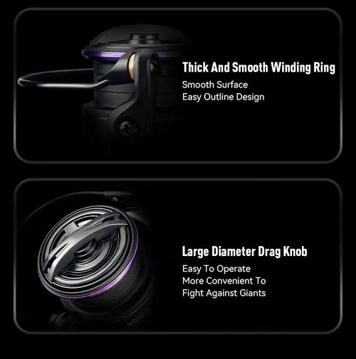 Black spinning reel showing thick winding ring and large purple-edged drag knob