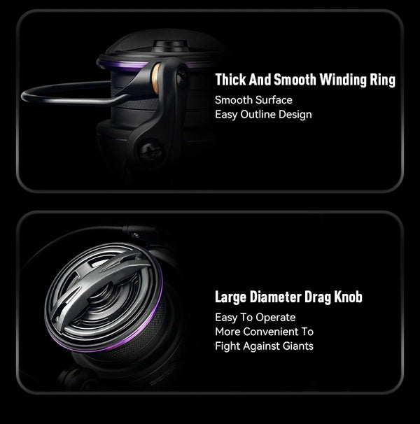 Black spinning reel showing thick winding ring and large purple-edged drag knob