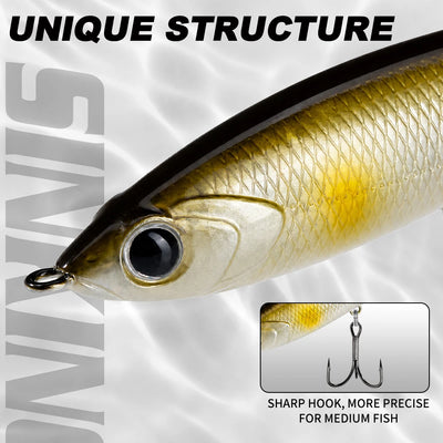 Gold topwater pencil lure with circular eye detail and front treble hook