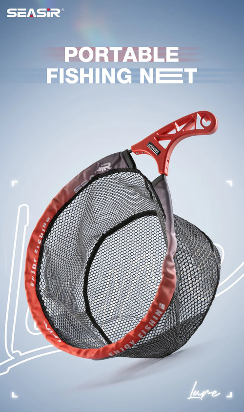 Portable fishing net with red steel frame, black mesh net, ABS hollow grip
