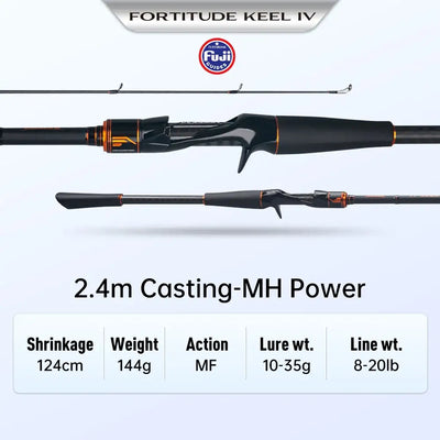 2.4m casting MH power fishing rod, black blank with orange accents and Fuji badge