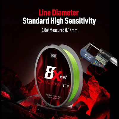 Green 8-strand braided PE fishing line spool with line diameter measurement setup