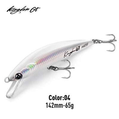 Saltwater sinking minnow lure, white and silver body with iridescent scales and two treble hooks