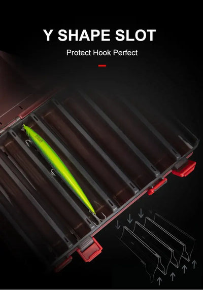 Double-sided tackle box with Y-shaped lure slots for secure lure storage