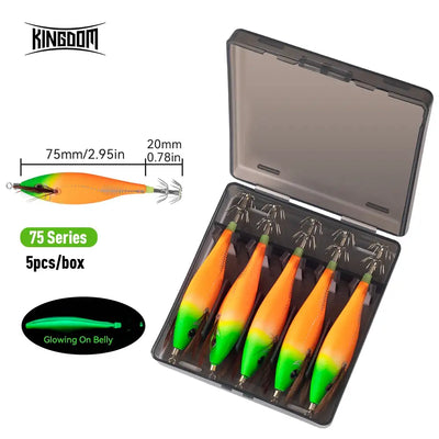 75mm squid jig 5-pack in a clear tackle box with orange and green glowing lures